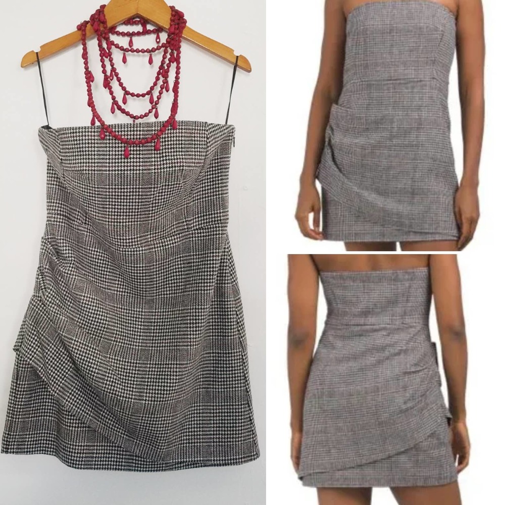 House of Harlow 1960 Plaid Ruched Mini Strapless Dress NWT Size XS Gray/ Red